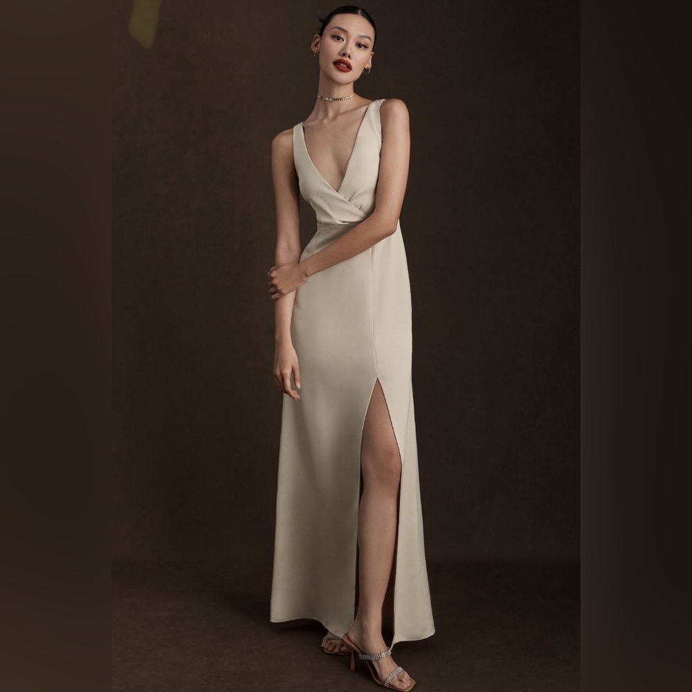 BHLDN PIPER V-NECK SIDE-SLIT GOWN SIZE 0 COLOR CHAMPAGNE alterations 5’2 105lbs